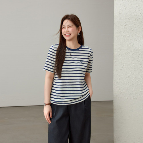 【星夜海風】戀夏風條紋圓領百搭T恤纖莉秀大碼女裝胖mm夏裝新款
