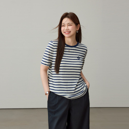 【星夜海風】戀夏風條紋圓領百搭T恤纖莉秀大碼女裝胖mm夏裝新款