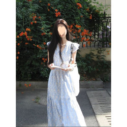 藍色碎花連衣裙女春季2025新款今年流行爆款夏裝裙子收腰顯瘦氣質