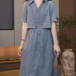 時尚短袖牛仔連衣裙女夏季新款時尚寬松顯瘦假兩件翻領休閒裙子潮