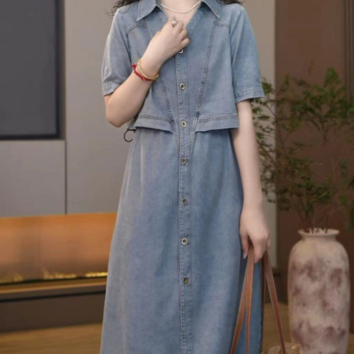 時尚短袖牛仔連衣裙女夏季新款時尚寬松顯瘦假兩件翻領休閒裙子潮