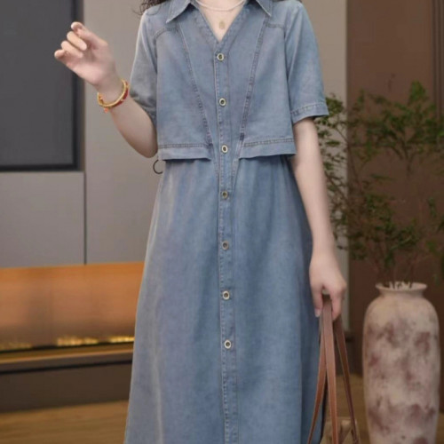時尚短袖牛仔連衣裙女夏季新款時尚寬松顯瘦假兩件翻領休閒裙子潮