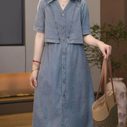 時尚短袖牛仔連衣裙女夏季新款時尚寬松顯瘦假兩件翻領休閒裙子潮