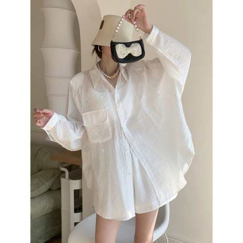 時尚休閒條紋套裝女2025夏季新款薄款寬松防曬上衣短褲兩件套洋氣