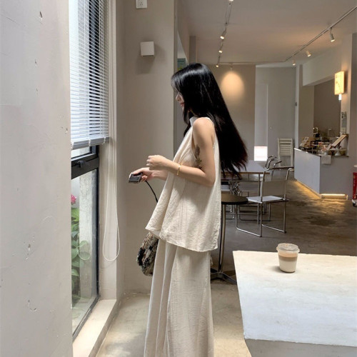夏季新款女小個子松弛感穿搭休閒套裝無袖背心高腰濶腿裙褲兩件套