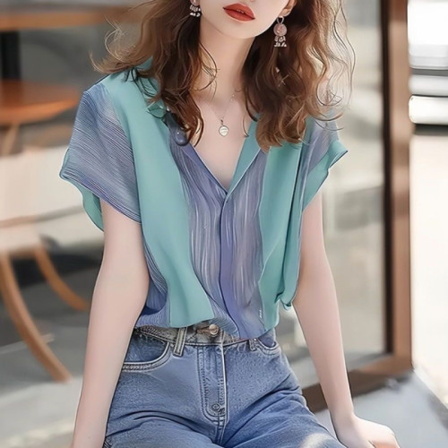 法式超仙紫色條紋拼接清新輕奢短袖襯衫2024新款高級上衣女夏外穿
