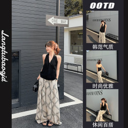 氣質黑色V領掛脖背心套裝女夏季垂感寬松休閒褲長褲度假風兩件套