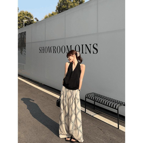 氣質黑色V領掛脖背心套裝女夏季垂感寬松休閒褲長褲度假風兩件套