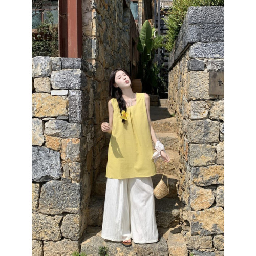 韓系新款黃色無袖背心襯衫女2025夏季新款松弛感寬松濶腿褲兩件套