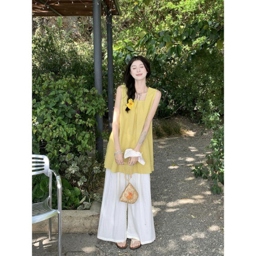 韓系新款黃色無袖背心襯衫女2025夏季新款松弛感寬松濶腿褲兩件套