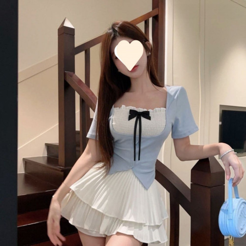 法式別致甜辣妹小衆蝴蝶結設計感短袖T恤高腰百褶短裙修身套裝女