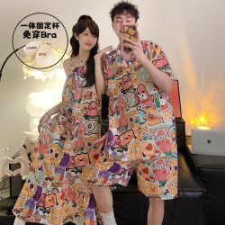 夏季海綿寶寶睡衣女吊帶夏天沙灘情侶裝冰絲套裝短袖可外穿家居服