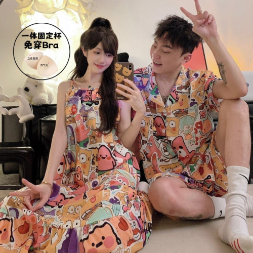 夏季海綿寶寶睡衣女吊帶夏天沙灘情侶裝冰絲套裝短袖可外穿家居服