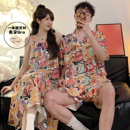 夏季海綿寶寶睡衣女吊帶夏天沙灘情侶裝冰絲套裝短袖可外穿家居服