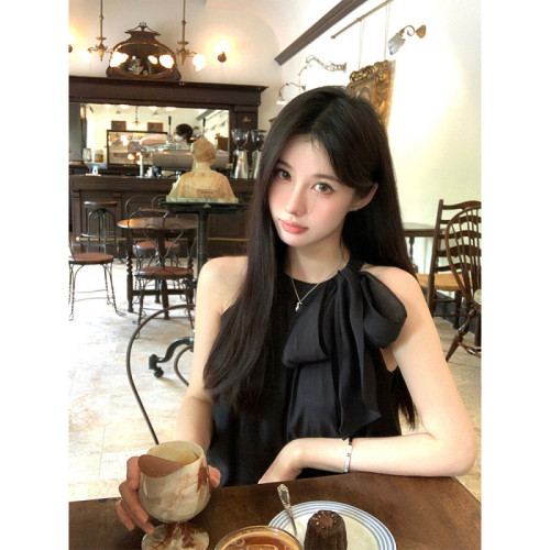法式溫柔風紫色蝴蝶結無袖上衣女夏季高級感氣質顯瘦露肩掛脖小衫