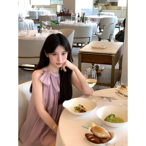 法式溫柔風紫色蝴蝶結無袖上衣女夏季高級感氣質顯瘦露肩掛脖小衫