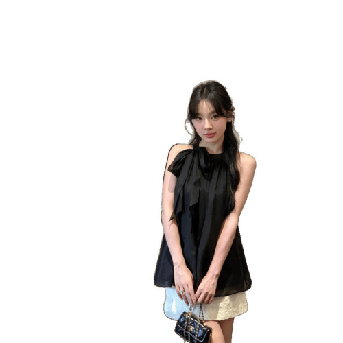 法式溫柔風紫色蝴蝶結無袖上衣女夏季高級感氣質顯瘦露肩掛脖小衫