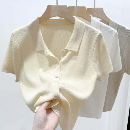 polo領冰絲短袖針織開衫女2025夏季修身翻領短款小個子薄款上衣潮