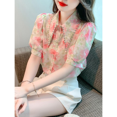 夏季短袖雪紡襯衫別致女裝夏裝2025年新款法式甜美碎花上衣設計感