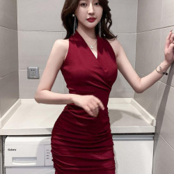 氣質性感無袖連衣裙夜 店女裝夜總店辣妹緊身收腰抽褶包臀裙子夏