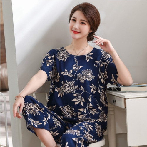 夏季中老年人短袖棉綢套裝加大碼女人造棉媽媽裝家居服夏天睡衣女