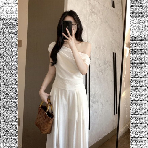 時尚套裝褶皺修身露肩T恤女夏季韓系新款抽繩休閒褲濶腿褲兩件套