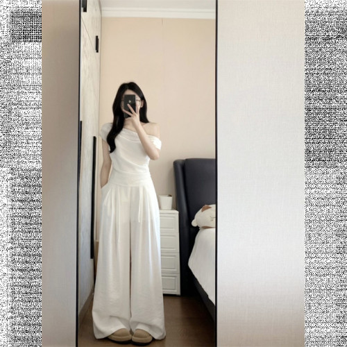 時尚套裝褶皺修身露肩T恤女夏季韓系新款抽繩休閒褲濶腿褲兩件套