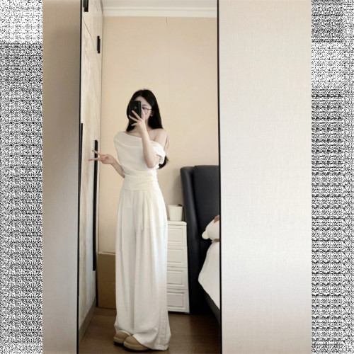時尚套裝褶皺修身露肩T恤女夏季韓系新款抽繩休閒褲濶腿褲兩件套