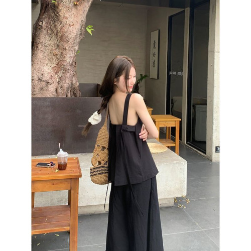韓系辣妹風設計感黑色吊帶背心女裝夏季高腰顯瘦直筒濶腿褲兩件套