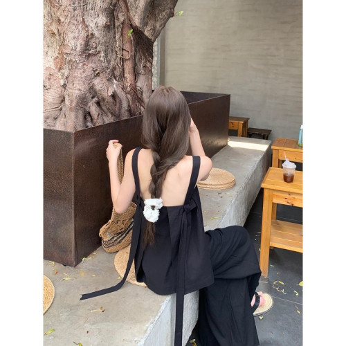 韓系辣妹風設計感黑色吊帶背心女裝夏季高腰顯瘦直筒濶腿褲兩件套