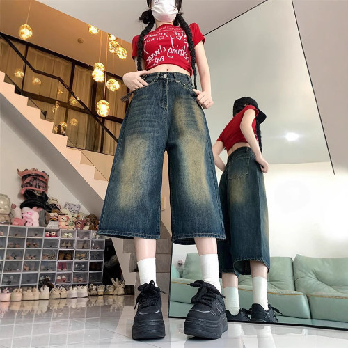 美式七分牛仔褲女2025年夏季高腰顯瘦復古大碼寬松直筒濶腿中褲子