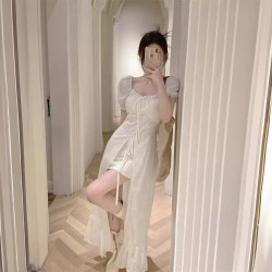 夏季溫柔風小衆法式方領長款連衣裙女不規則顯瘦短袖氣質收腰長裙