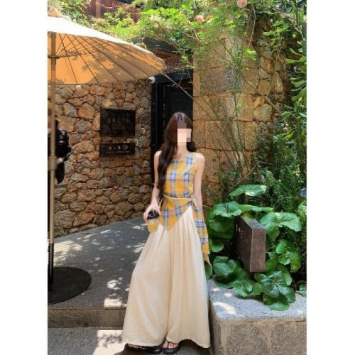 韓系新款時尚套裝復古格子不規則吊帶背心女夏季杏色濶腿褲兩件套