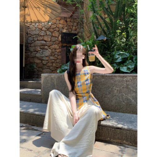 韓系新款時尚套裝復古格子不規則吊帶背心女夏季杏色濶腿褲兩件套