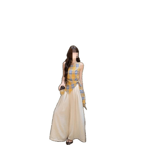 韓系新款時尚套裝復古格子不規則吊帶背心女夏季杏色濶腿褲兩件套