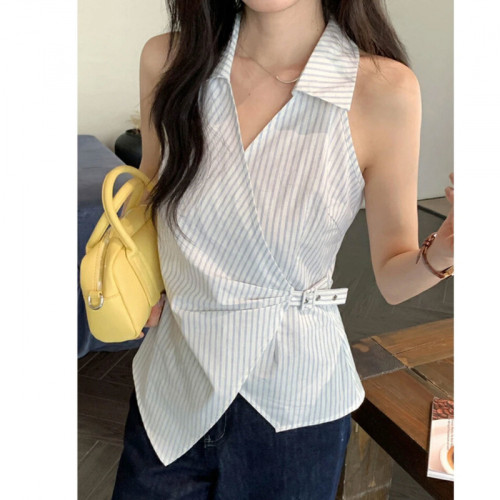藍色V領條紋露肩無袖襯衫女夏外穿獨特漂亮掐腰收腰綁帶無袖上衣