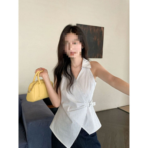 藍色V領條紋露肩無袖襯衫女夏外穿獨特漂亮掐腰收腰綁帶無袖上衣