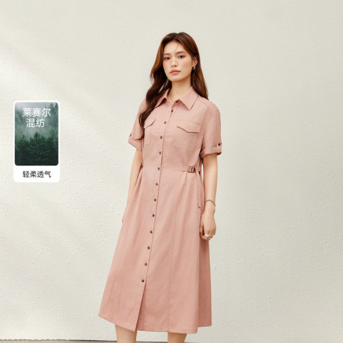【時尚翻領設計感萊賽爾連衣裙】纖莉秀大碼女裝胖mm2025夏裝新款