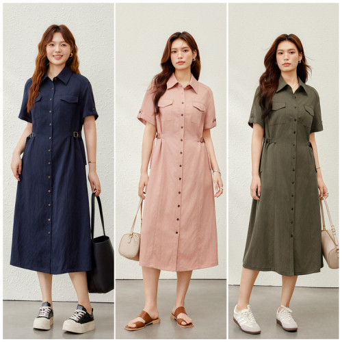 【時尚翻領設計感萊賽爾連衣裙】纖莉秀大碼女裝胖mm2025夏裝新款