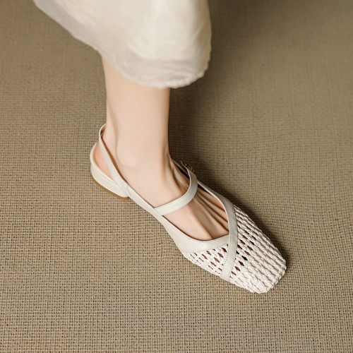 強推~！韓國ins奶白色編織低跟金色一字帶後空包頭涼鞋瑪麗珍鞋女