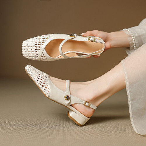 強推~！韓國ins奶白色編織低跟金色一字帶後空包頭涼鞋瑪麗珍鞋女