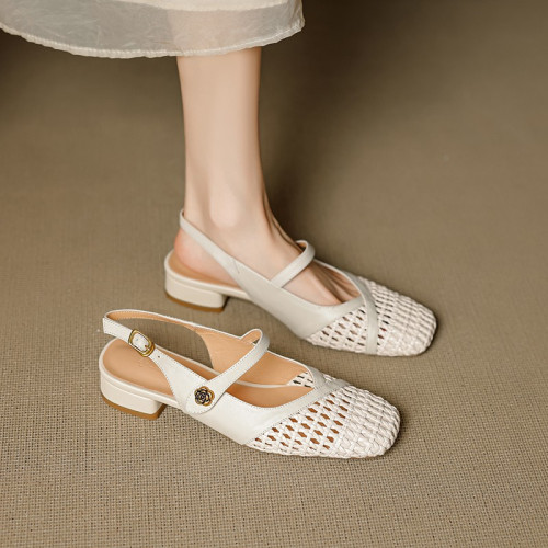 強推~！韓國ins奶白色編織低跟金色一字帶後空包頭涼鞋瑪麗珍鞋女