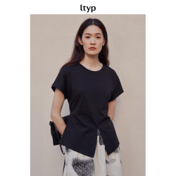 ltyp旅途原品 三醋酸混紡燕尾T恤不規則開叉收腰顯瘦短袖上衣女夏