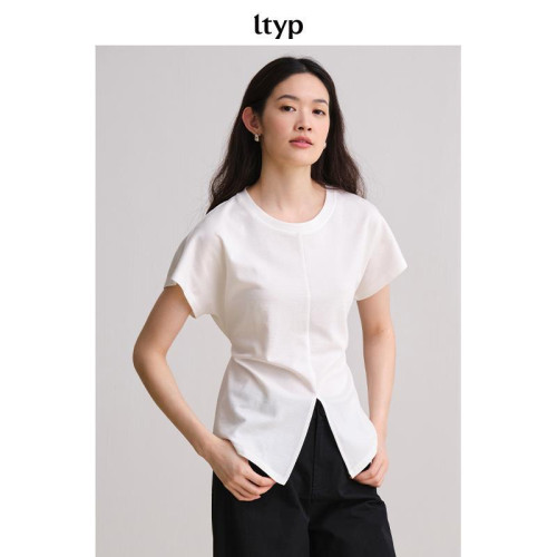 ltyp旅途原品 三醋酸混紡燕尾T恤不規則開叉收腰顯瘦短袖上衣女夏
