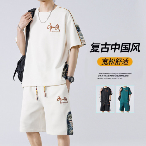 學生休閒運動套裝男夏季新款帥氣寬松一整套男士T恤兩件套衣服潮