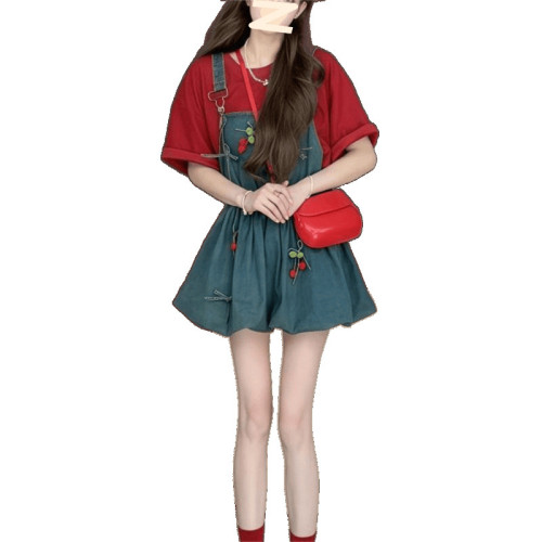 夏季新款學院風蝴蝶結牛仔背帶裙+紅色短袖上衣兩件套女