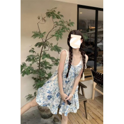 夏季多巴胺少女!吊帶溫柔風甜美小個子綁帶碎花連衣裙女寬松度假