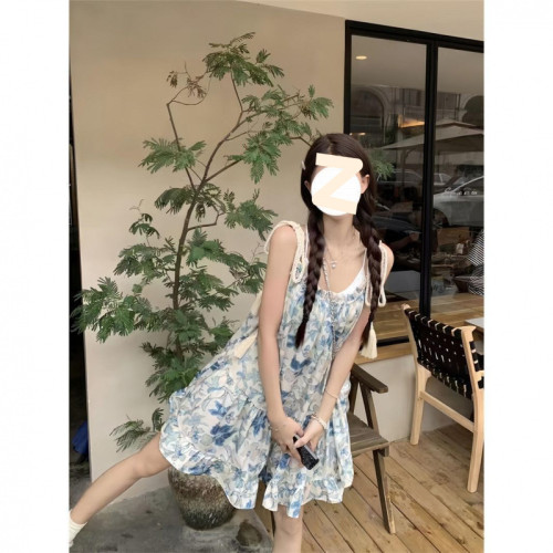 夏季多巴胺少女!吊帶溫柔風甜美小個子綁帶碎花連衣裙女寬松度假