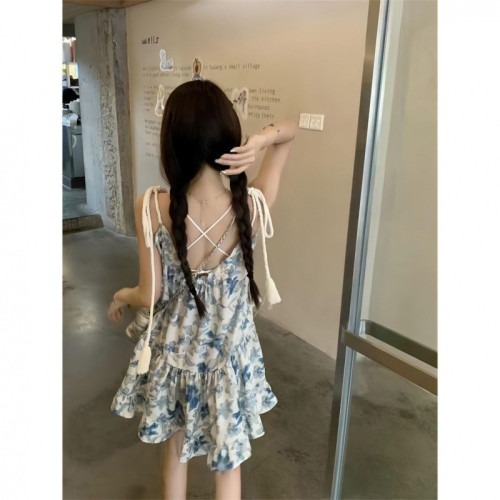 夏季多巴胺少女!吊帶溫柔風甜美小個子綁帶碎花連衣裙女寬松度假
