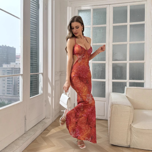 ZX24453MHO歐美性感印花度假連衣裙2025夏季新款露胸吊帶女裝